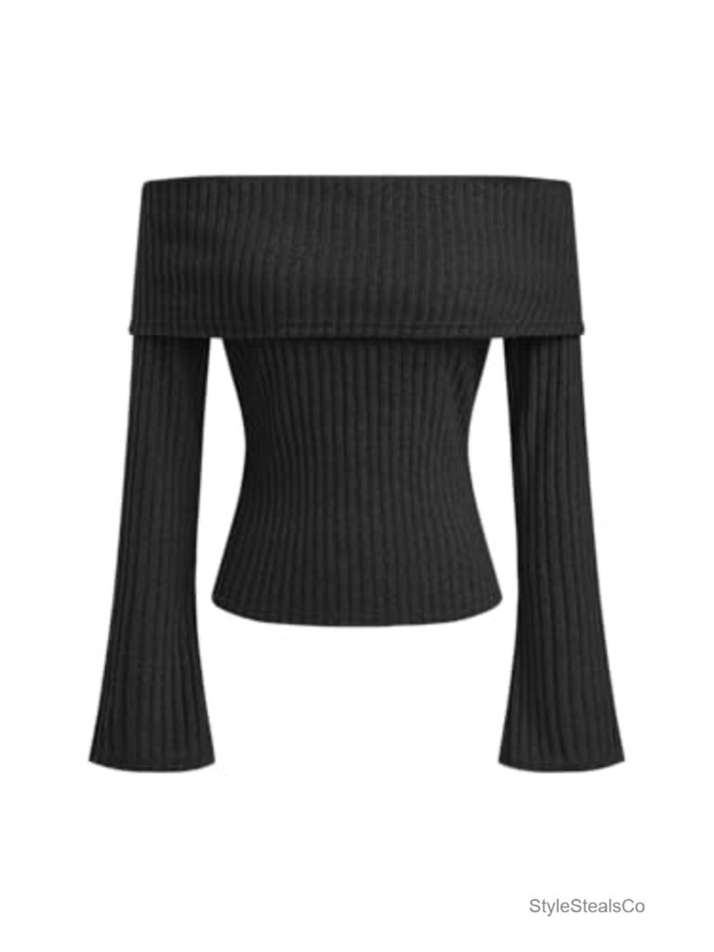 Off Shoulder Bell Sleeve Ribbed Knit Pullover Sweater Top
